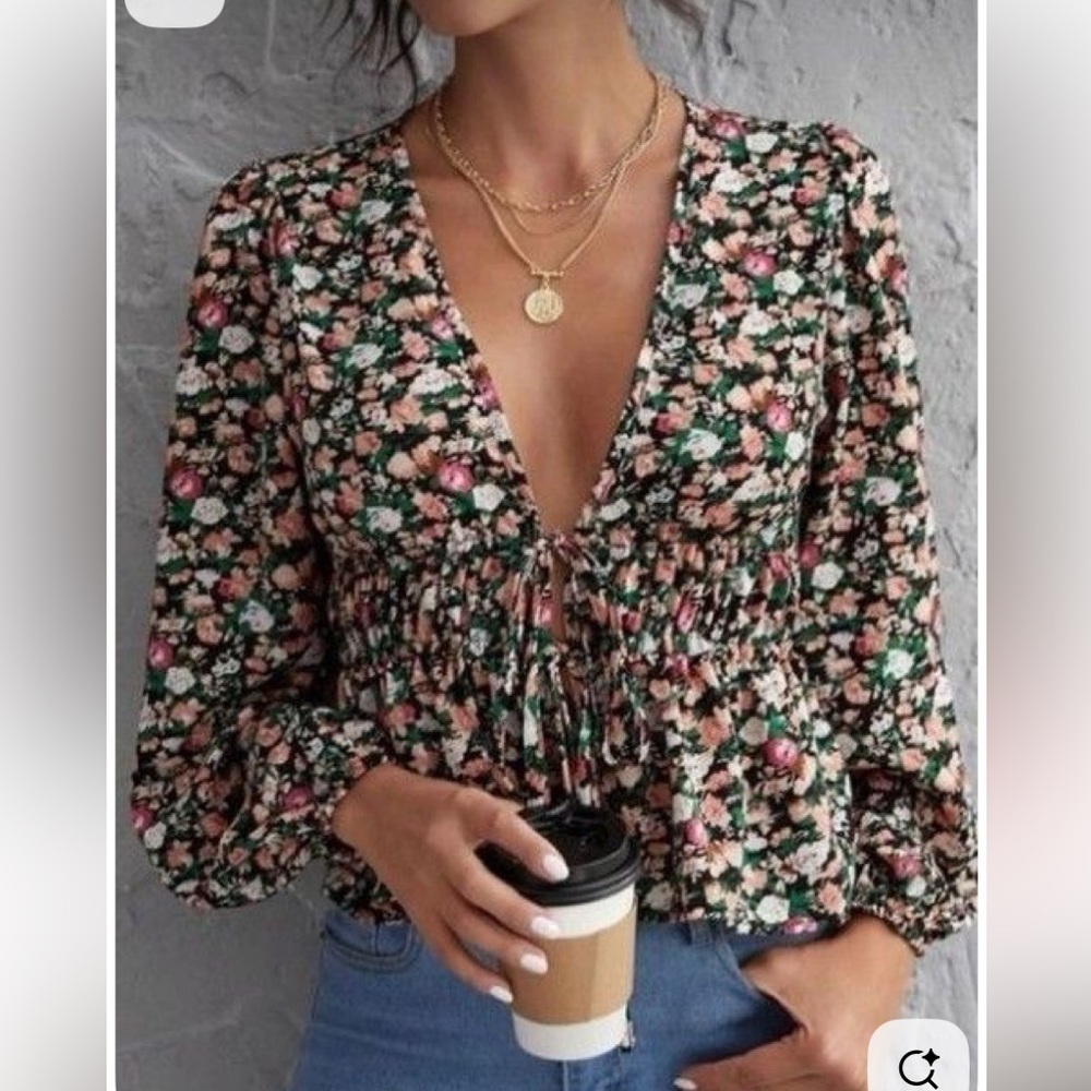 SHEIN Floral Blouse - Black, Pink, Green